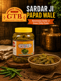 Sardar Ji GTB Green Chilly Pickle jar with label and bowl of pickles on a rustic background