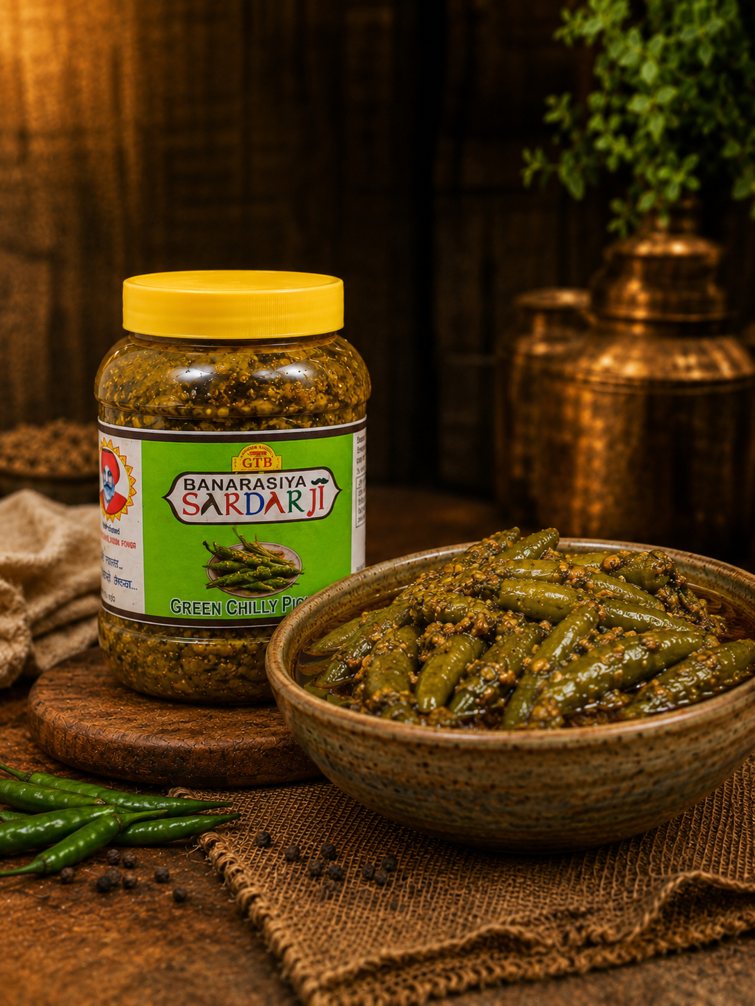 Banarasiya Sardarji green chili paste with a bowl of the product on a wooden surface.