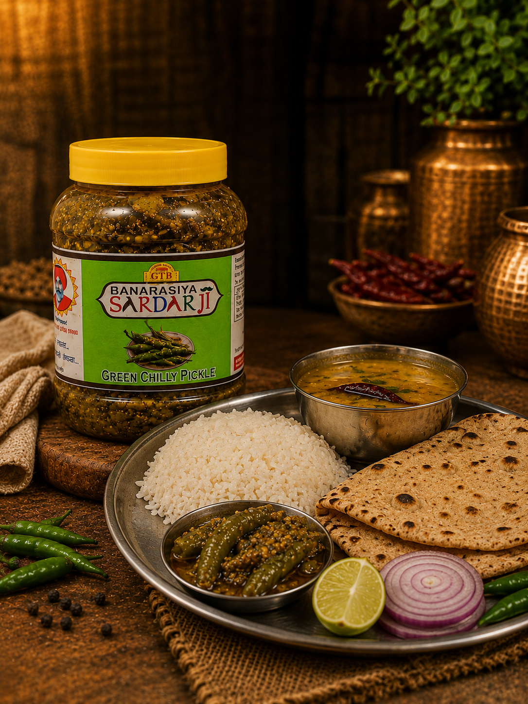 "Traditional Banarasi Green Chilli Pickle made with fresh green chillies, mustard oil, and authentic Indian spices"