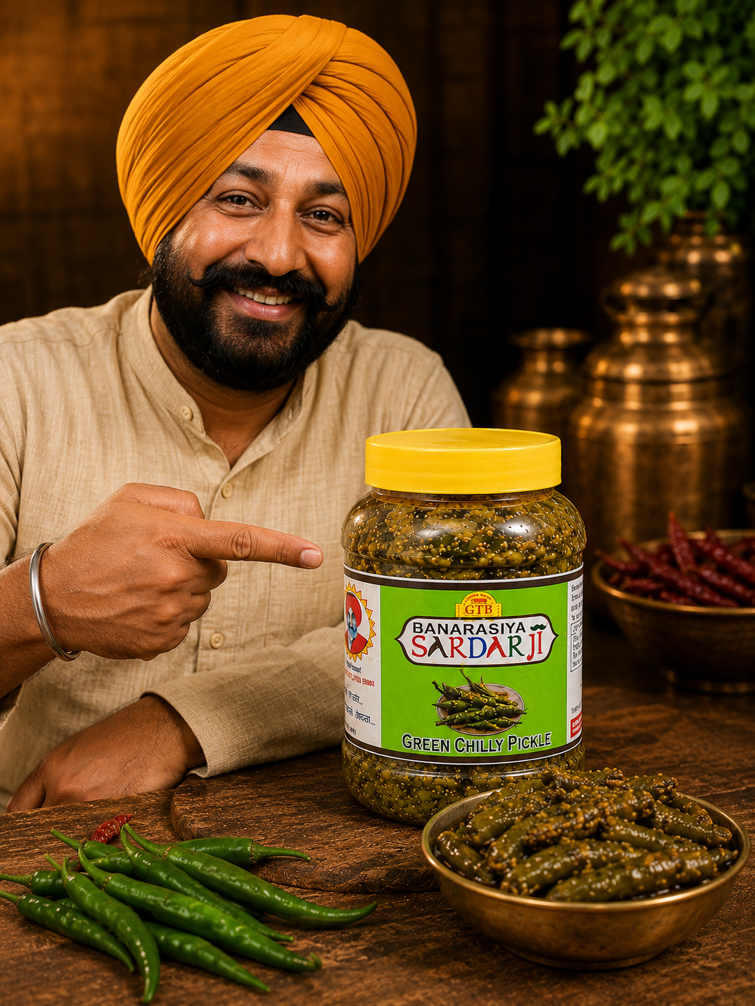  Banaras Sardar Green Chilly Pickle with ingredients around him.